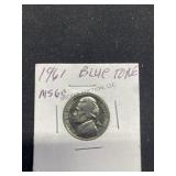 1961 Blue Tone Nickel, buyer to determine grade, m