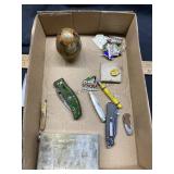 Bullet Pen, (5) Pocket Knives, Brass Egg, and Vint