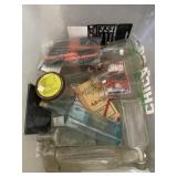 Tote w/ Glass Milk Bottles & Other Vintage Bottles