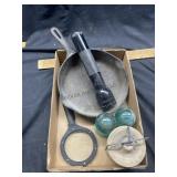 Cast Iron Fry Pan, (2) Insulators, Pottery, Mag-Li
