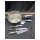 SS Fry Pan, Pizza Cutter, & (3) Knives