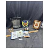 Picture Frame, Glass Butterfly, Books, Candles