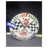 12" Lucky Lady Gasoline Porcelain Sign, per seller