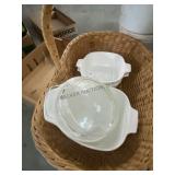 Wicker Basket w/ Fire king & Corning ware Dishes