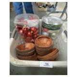 Basket of Christmas Ordainments & Wooden Bowls