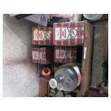 Wooden Box w/ Kentucky Tins, & Gallon Jugs