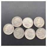 Lot of 8 silver Roosevelt dimes (1947-1964, non-co