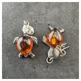 Sterling silver amber turtle earrings. Marked .925