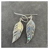 Sterling silver mother-of-pearl feather earrings.