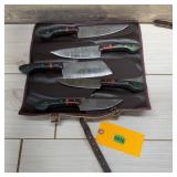 5-piece Damascus Knife Set; Includes Roll-up Case/