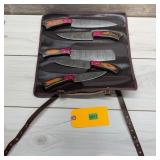 5-piece Damascus Knife Set; Includes Roll-up Case/
