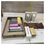 Decor & vanity lot. Bookends, makeup mirror stand,