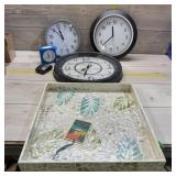 Clock Collection & Serving Tray. 5 clocks total (3