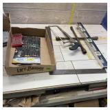 Hand tools lot. Level, tire iron, square, hacksaw,
