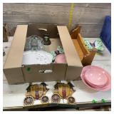 Wall decor & glassware lot. Plates, wall shelf, an