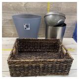 Baskets & bins lot. Garbage can and wicker basket
