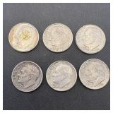 Lot of 6 silver Roosevelt dimes (1957-1964, non-co