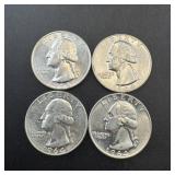 (4) 1964 Silver Washington Quarters, Bu, Mixed Min