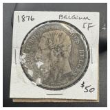 1876 Belgium 5 Franc Silver Coin.