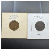 1902 And 1903 Indian Head Cents.