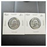 (2) 1964 Bu Silver Washington Quarters.