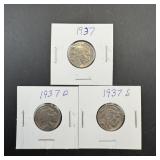 (3) Buffalo Nickels: 1937-p, 1937-d, 1937-s.