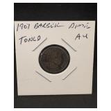 1907 Barber Dime Toned Au