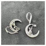 Sterling Silver Crescent Moon, Cat & Star Earrings