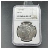 1927 Peace Silver Dollar, Key Date, Graded Ngc Ms6