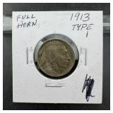 1913 Type 1 Buffalo Nickel, Full Horn Detail