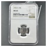1953-s Roosevelt Silver Dime, Ngc Graded Ms65