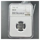 1954 Roosevelt Silver Dime, Ngc Graded Ms64