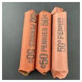Three rolls of 50 Wheat Pennies