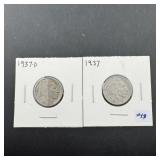 Buffalo Nickels 1937 & 1937-D, nice clear date coi