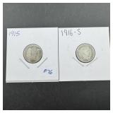 1915 & 1916-S Barber Dimes - 90% Silver