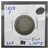 1858 Seated Liberty Silver Quarter, Higher or Full