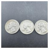 3 Silver Washington Quarters (1950, 1953, 1964)