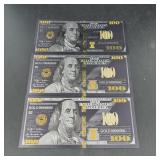 (3) $100 Federal Reserve Gold 99999 Novelty Notes