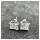 Sterling Silver Square Cz Earrings, Marked 925. We