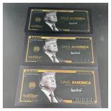 (3) $10000 Donald Trump Save American Novelty Note