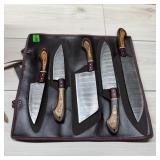 New 5-piece Damascus Steel Knife Set W/ Roll Up Ca