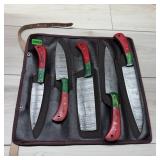 New 5-piece Damascus Steel Knife Set W/ Roll Up Ca