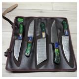 New 5-piece Damascus Steel Knife Set W/ Roll Up Ca