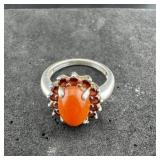 Sterling Silver  Burnt Orange Stone Ring, Marked 9