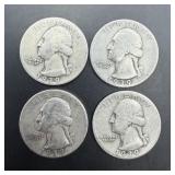 Lot of four 1939 Washington silver quarters