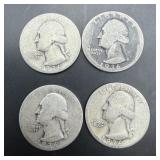 Lot of four 1936 Washington silver quarters; three