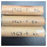 Times The Bid: 3x. 1963-p Bu Lincoln Cent Rolls. P