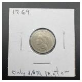 1869 Three Cent Nickel. Mintage: Approx. 1.6 Milli