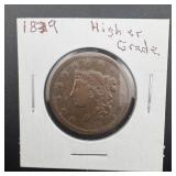 1839 Large Cent. Early Copper Type Coin.