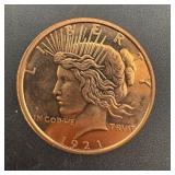 1 Oz .999 Copper Round - 1921 Peace Dollar Design